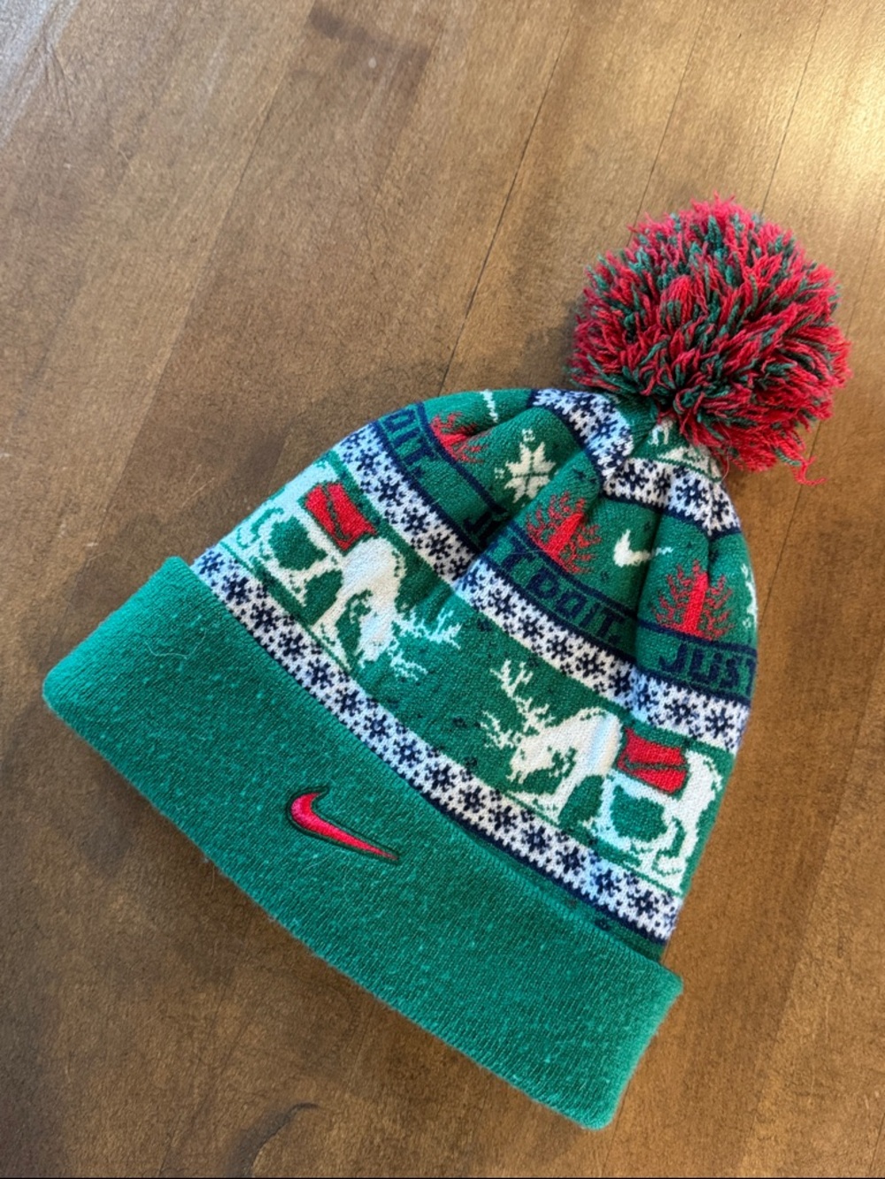 Nike Kids Green and Red Holiday Pom Beanie